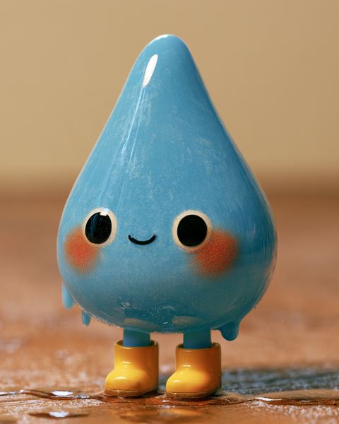 Dewey, a smiling blue raindrop in yellow rain boots