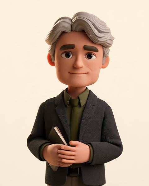 Walt Bennett, our illustrated gray-haired anchor holding a notebook